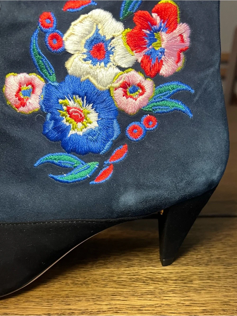 Tory Burch Cassidy Floral Embroidered Lace Up Ankle Booties Navy Black 8.5 M